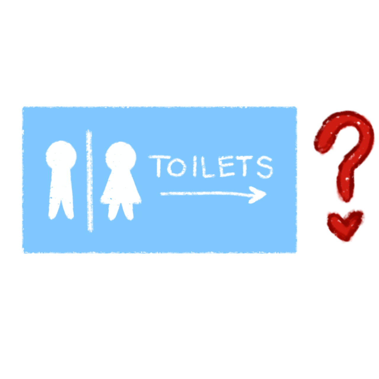 a simple restroom sign with two figures with a blue background, a red question mark with a small heart below it is on the right side of the sign.
